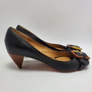 Chloe Leather Buckle Peep Toes Kitten Heels Slip On Pumps Size 37 Black